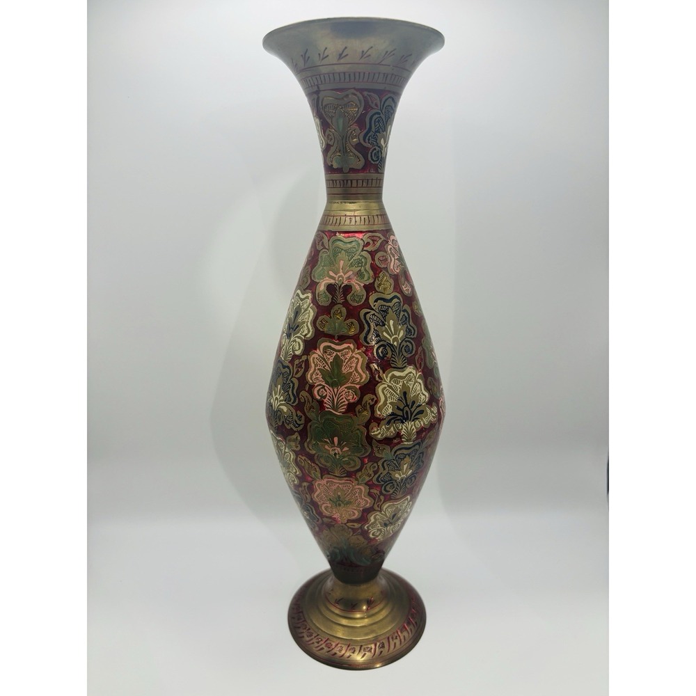 Vintage Indian Brass Vase Ornate Enameled Etched Floral Boho Red Green Gold - Picture 2 of 8